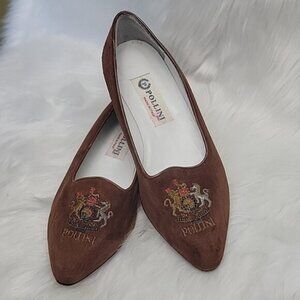 POLLINI Embroidered Crest Old Money RARE Brown Suede Classy Preppy Loafer Flat 7